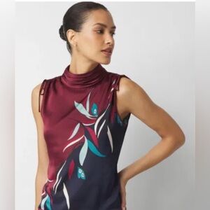 White House Black Market Burgandy Navy Top Shell Ruched Mock Neck XS